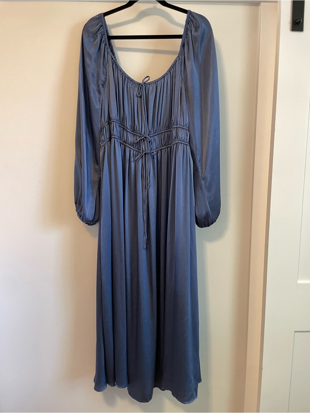 ARULA Slate Blue Long Sleeve Maxi Dress with Tie Waist